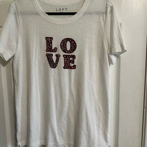 LOFT White Tee with Pink LOVE Design  Size Medium